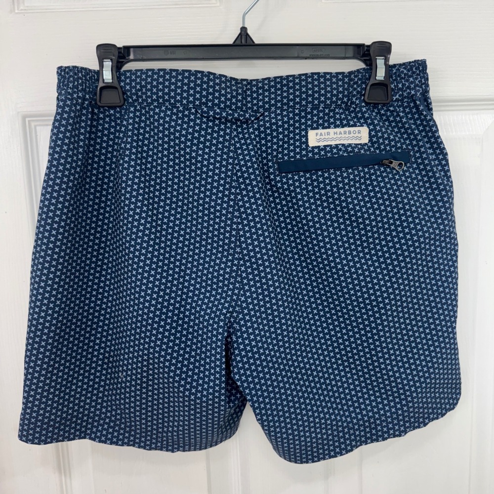 Fair Harbor Mens Sextant Navy Blue Print BreezeKnit Liner Swim Trunks Size 30